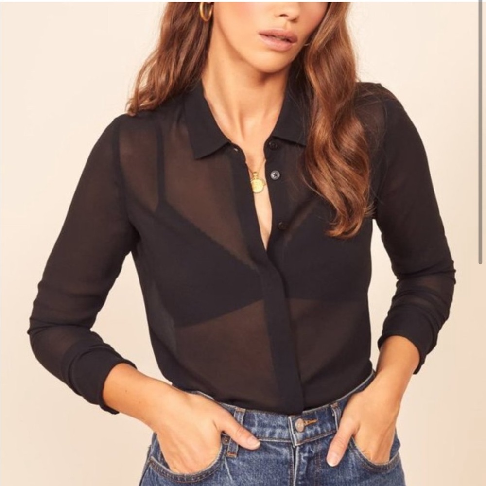 Reformation Black Sheer Button Down Shirt